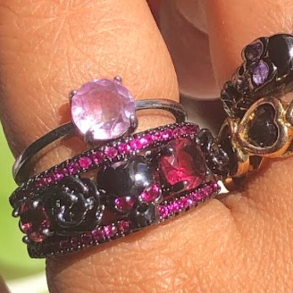 2PC Black Gold Plating Gothic Skull Rose Rings Crystal Amethyst Rhodolite - Picture 9 of 9